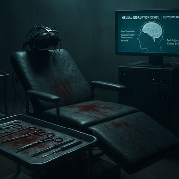 Dark room with a blood-stained chair, surgical tools, and a neural disruption device on screen.