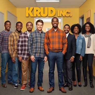 A diverse group of professionals standing in a hallway under the sign "KRUD INC."