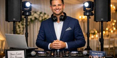 Smiling DJ at an event with professional audio equipment.