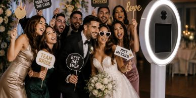 Happy wedding group taking a fun photo with signs and props.