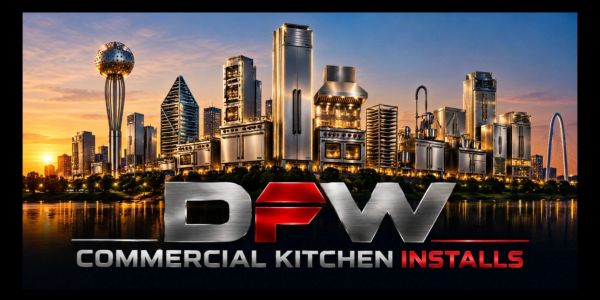 Logo of DFW Commercial Kitchen Installs with a city skyline design.