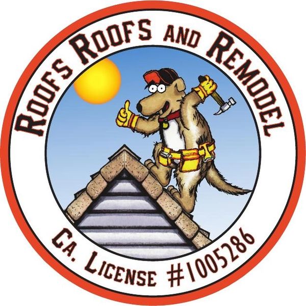 Cartoon dog roofer with hammer on roof, logo for a roofing and remodeling business.