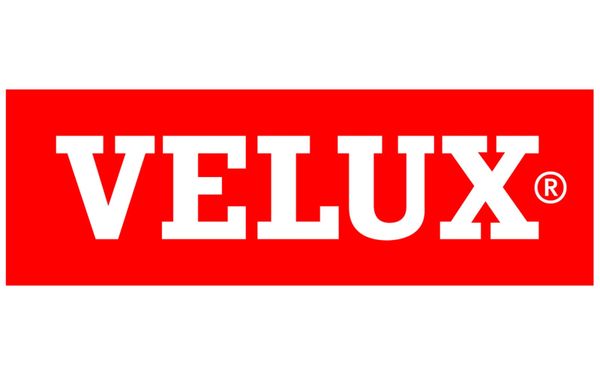 VELUX logo in bold white letters on a red background.