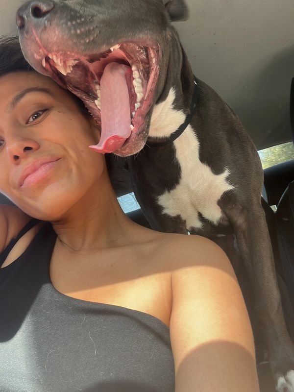 A woman takes a selfie with a large dog yawning next to her.