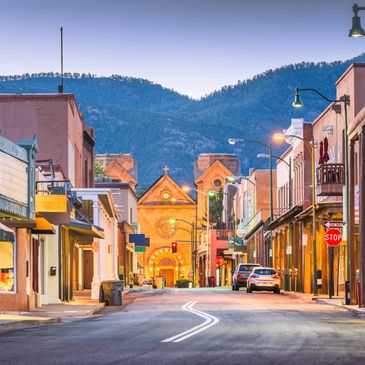 View of Beautiful downtown Santa Fe with the Cathedral in the background. 