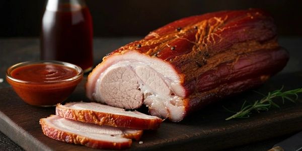 Sliced smoked pork belly with barbecue sauce on a wooden board.