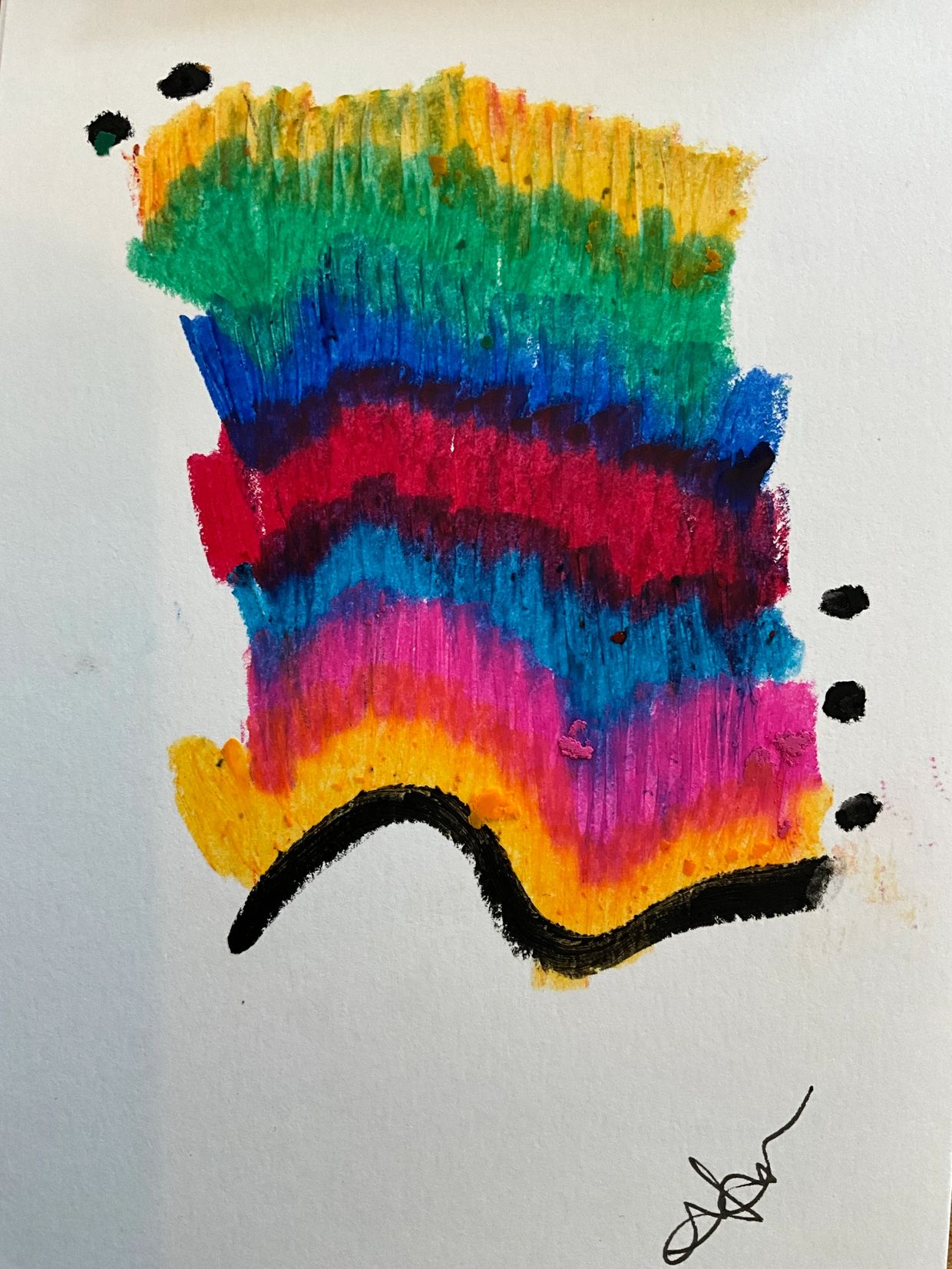 Abstract colorful painting with rainbow hues and black accents.