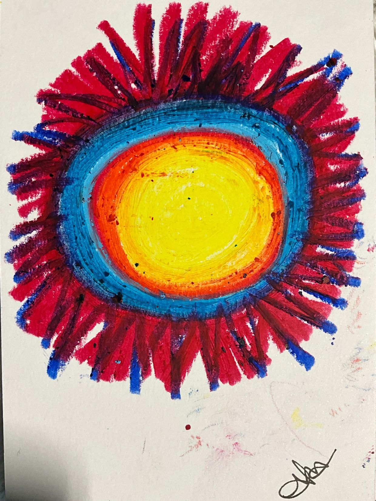 Colorful abstract sunburst painting with red, blue, orange, and yellow.