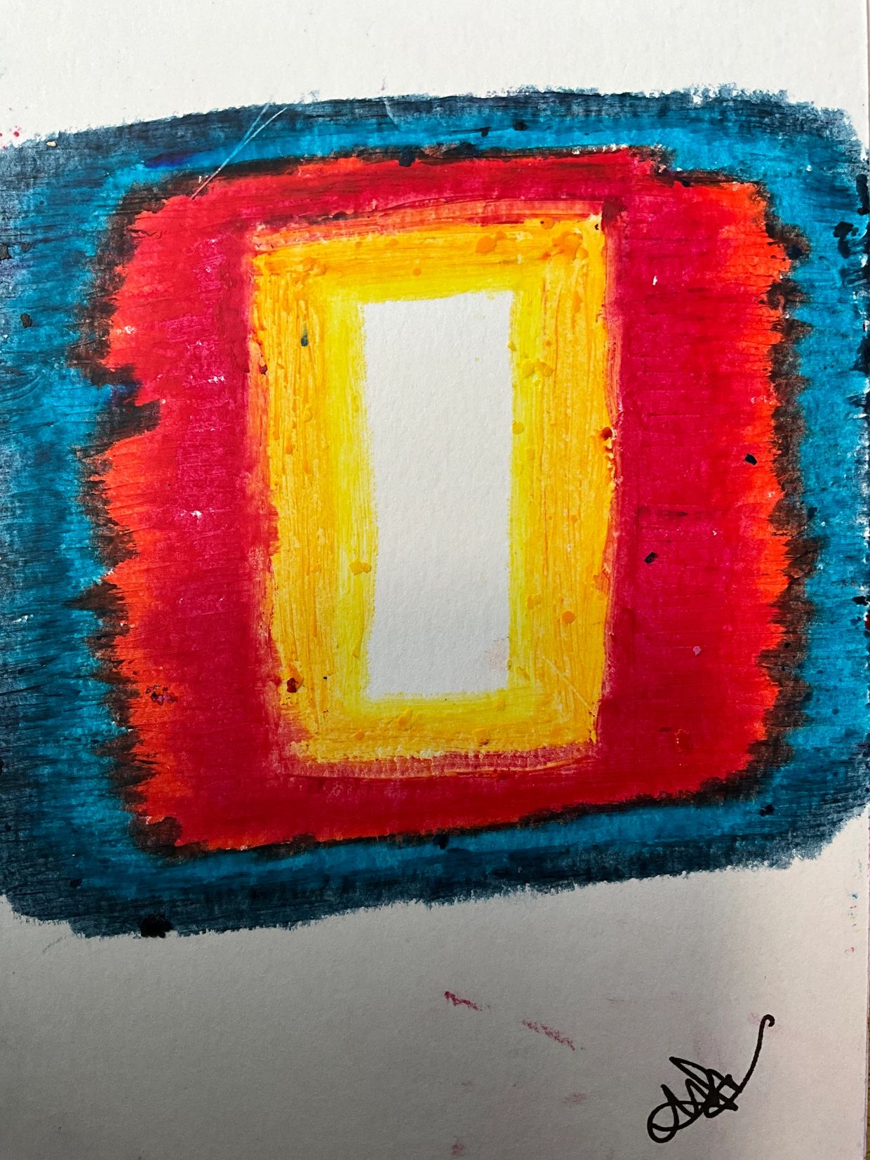 Abstract painting with colorful layered rectangles.
