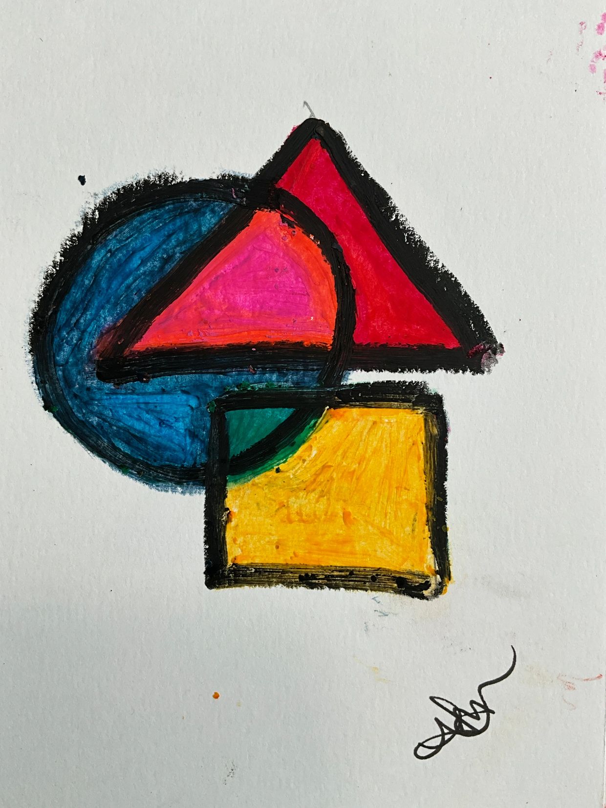 Abstract colorful geometric shapes overlapping on a white background.