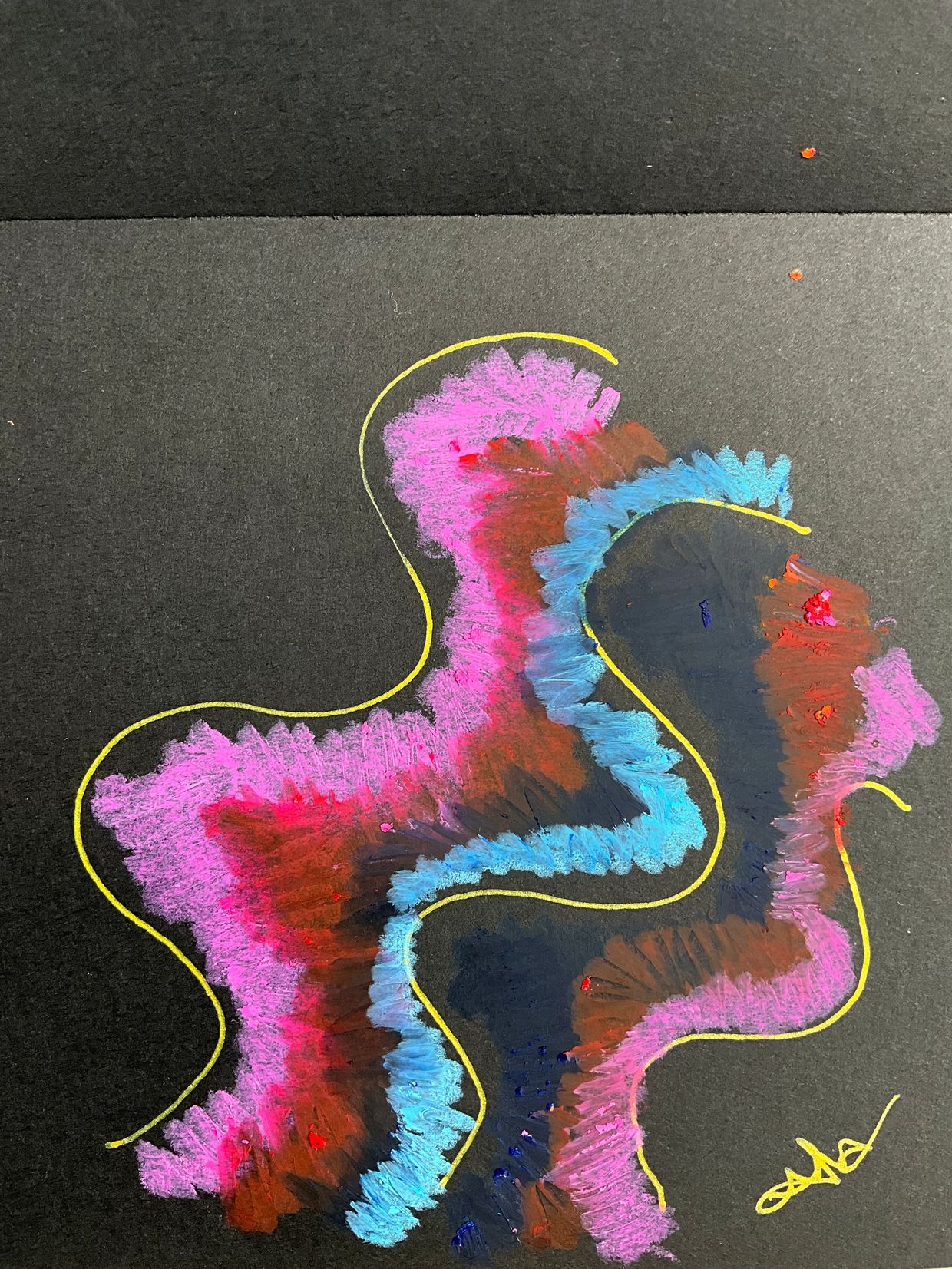 Abstract colorful pastel art on black paper with yellow outline.