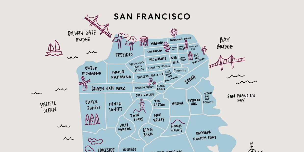 Illustrated map of San Francisco neighborhoods and landmarks with simple drawings.