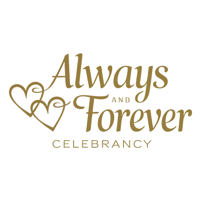 Golden text with hearts saying 'Always and Forever Celebrancy'.