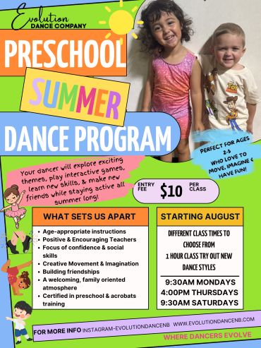 Colorful flyer for Evolution Dance Company's Preschool Summer Dance Program.