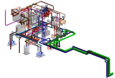 Complex 3D piping and plumbing system layout.