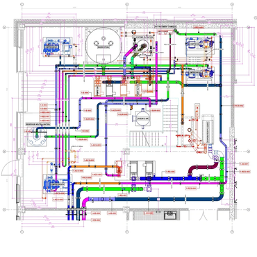 Detailed mechanical room technical drawing with piping and equipment layout.
