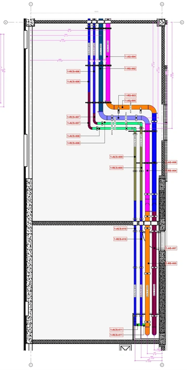 Technical corridor plumbing or piping layout blueprint.