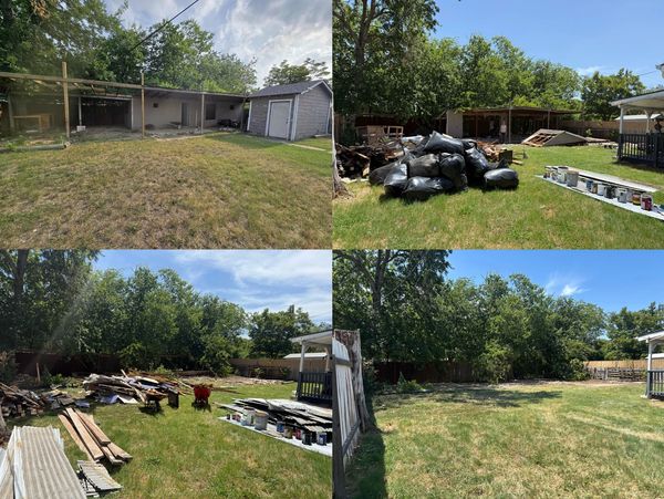 Backyard transformation showing demolition and cleanup progress.