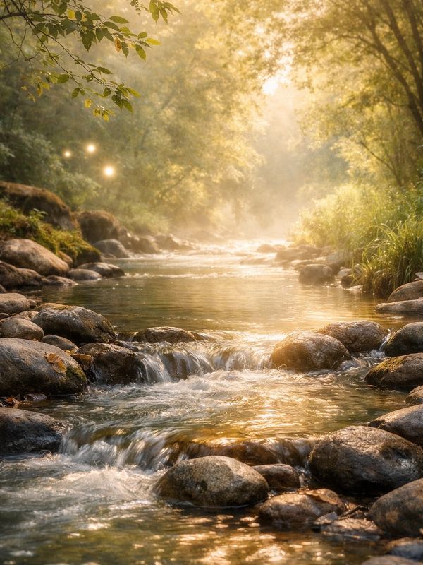 A serene sunlit stream flowing gently through a forest with rocks.