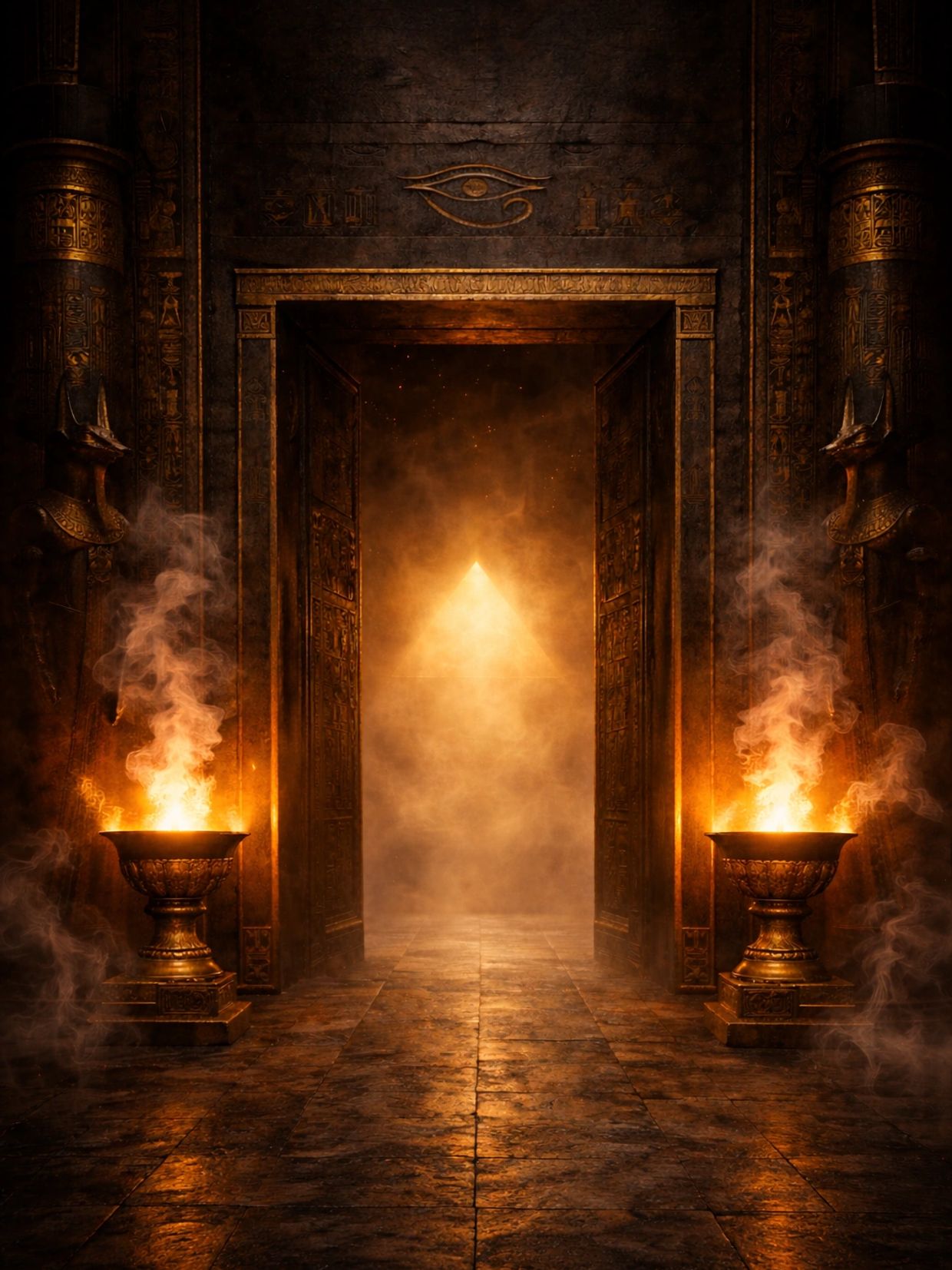 Ancient Egyptian temple entrance with glowing pyramid and fiery braziers.