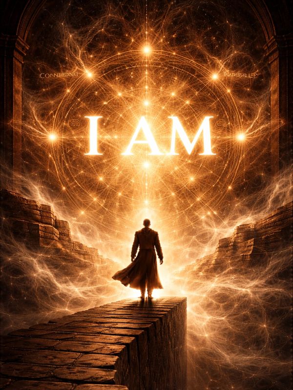 A figure stands on a glowing stone path beneath a radiant cosmic design with the words 'I AM'.