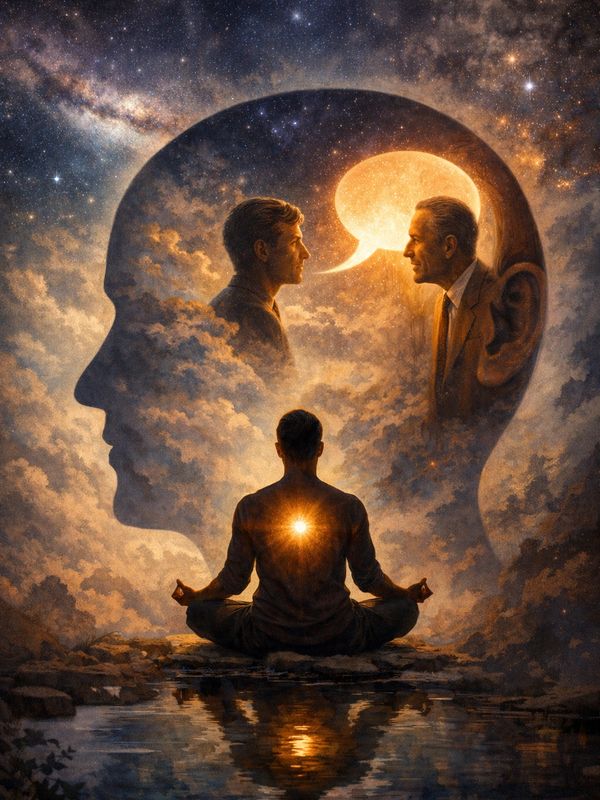 A meditator visualizes inner dialogue within a cosmic mindscape illuminated by a radiant heart.