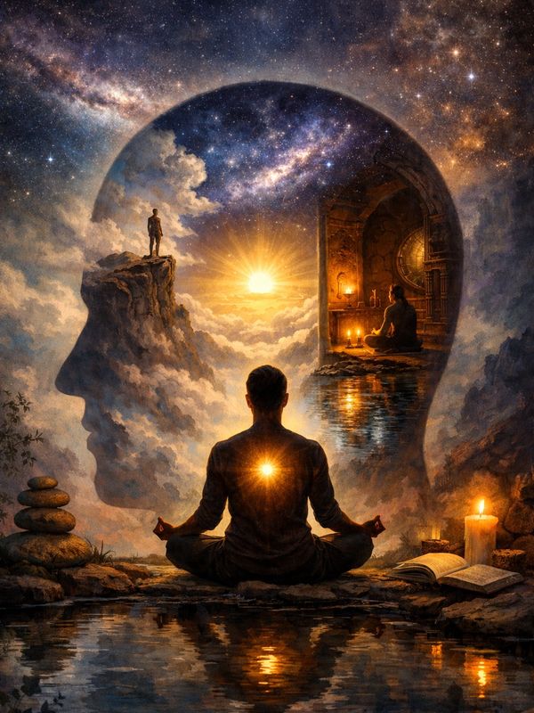 A person meditates with a glowing heart, surrounded by cosmic and mystical imagery in a surreal landscape.