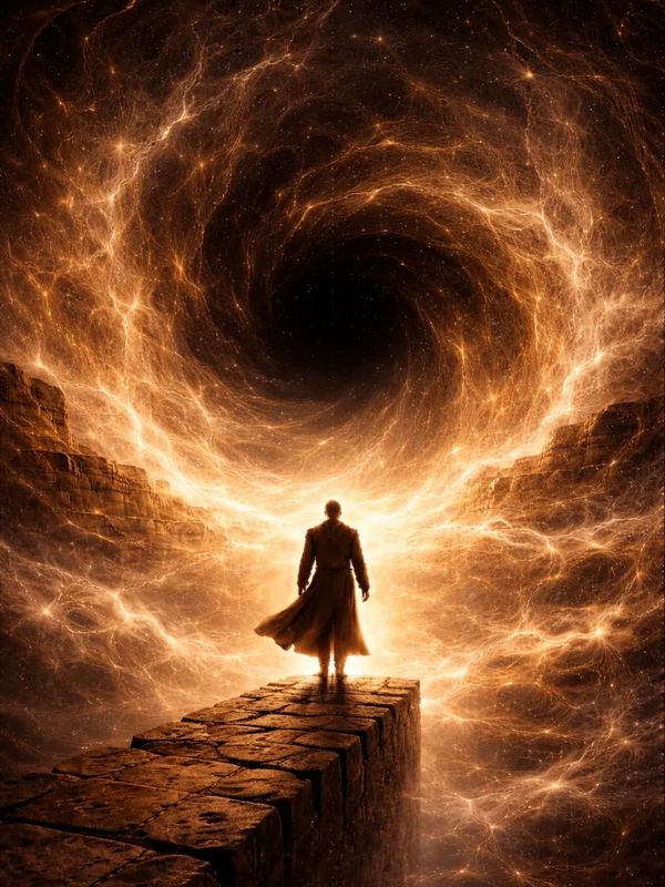 A figure stands before a glowing, swirling vortex of energy at the end of a stone path.