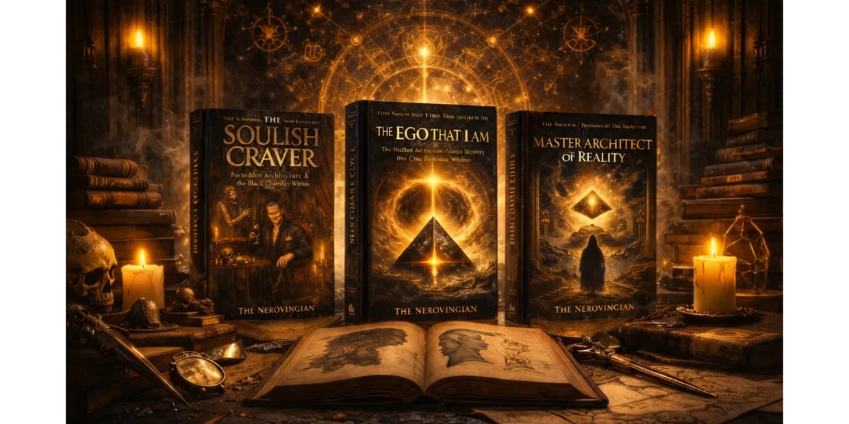A mystical scene with three illuminated books and ancient artifacts on a wooden table.