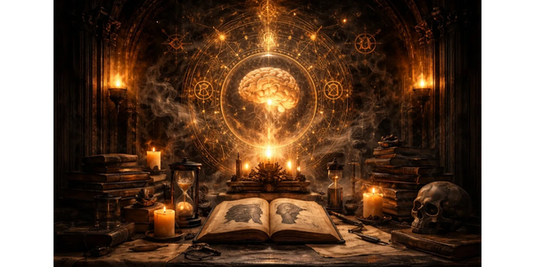 mystical chamber surrounded by candles, ancient books, and glowing sacred geometry.