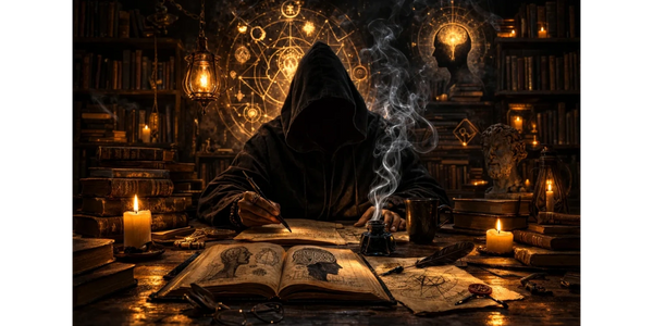 Hooded philosopher writing in a mystical library surrounded by candles, ancient books.