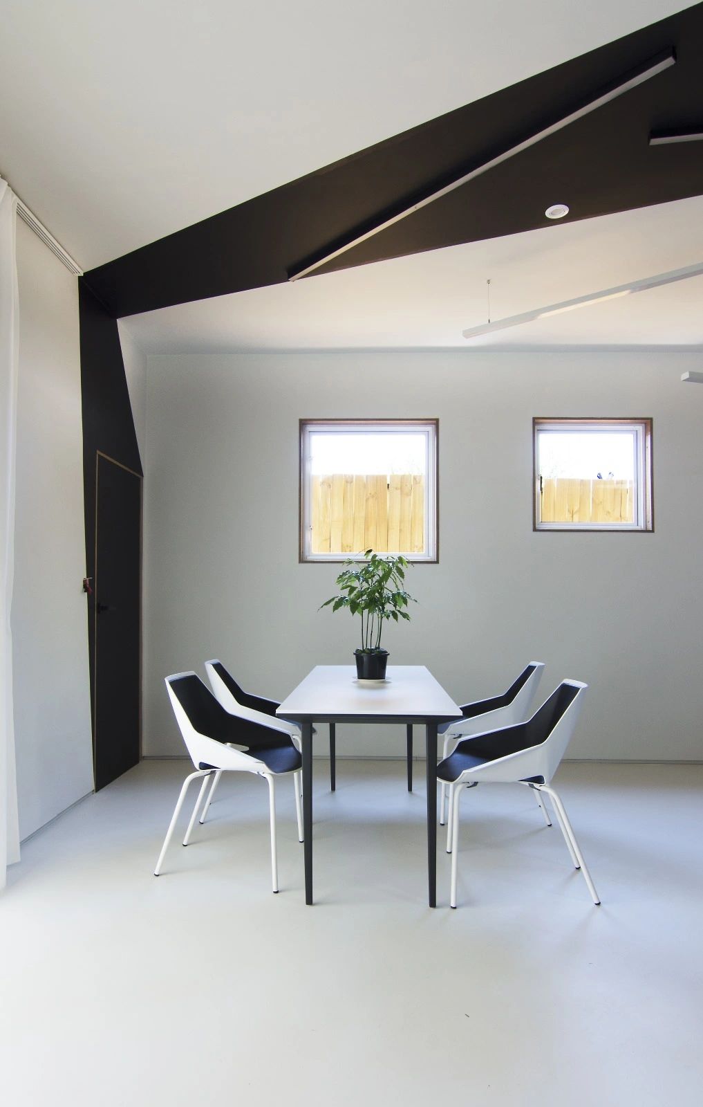 Minimalist dining area with black and white chairs and a central green plant.