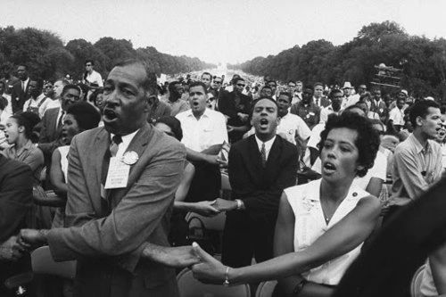 Marchers singing at the March on Washington, 1963