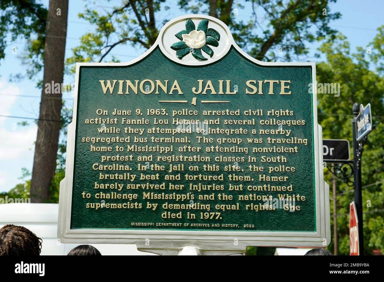 Winona Jail Site Historical Marker chronicling the events on June 9, 1963. Fannie Lou Hamer and SNCC activists were arrested trying to integrate a Greyhound Bus Station in Winona, Mississippi. They were then taken to the local jail and severely beaten and tortured