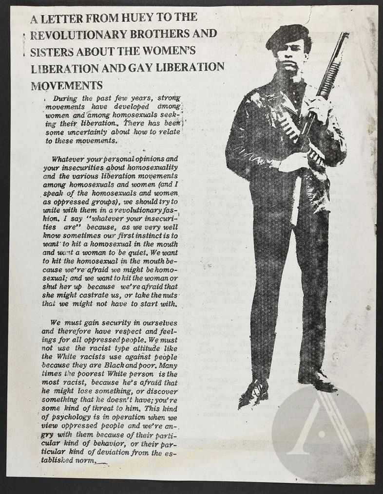 Huey Newton and a Copy of his "Letter to the Revolutionary Brothers and Sisters About the Women's Liberation and Gay Liberation Movements, 1970
