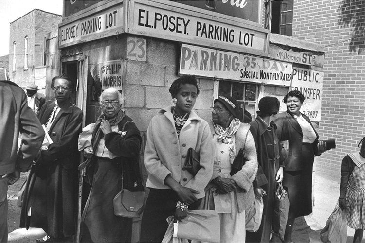 Black women wait for rides during the Montgomery Bus Boycott, 1955-1956