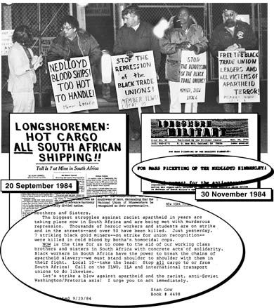 Longshoreman in San Francisco refusing to unload cargo from a South African ship, the NedlloydKimberely in 1984