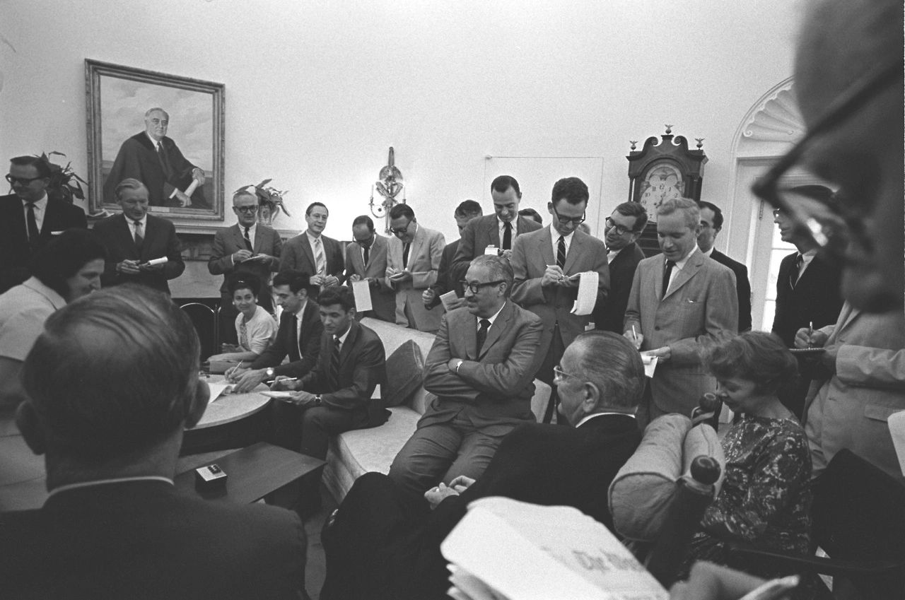 Thurgood Marshll and Lyndon Baines Johnson fielding questions from reporters, 1967