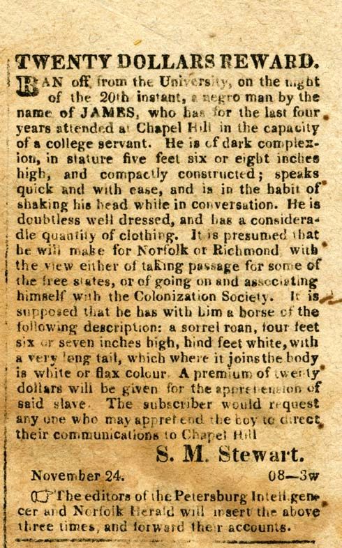 Runaway Advertisement for an African American enslaved at UNC