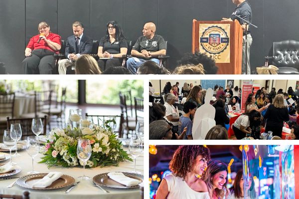 Collage of event scenes including a panel at a conference, elegantly decorated banquet/wedding, job fair, and arcade networking.