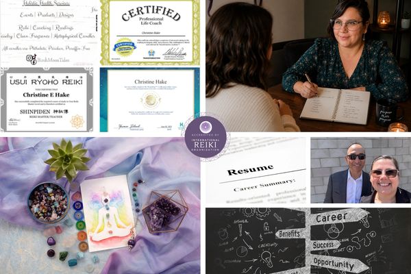 Collage of certified life coach, holistic health practice, crystals, career planning, and professional development. 