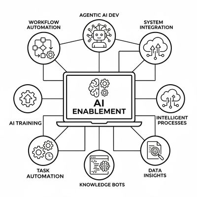 Diagram illustrating AI enablement with key components interconnected to a central laptop.