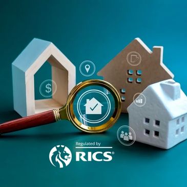 Magnifying glass focusing on house icons with wooden and ceramic house models.