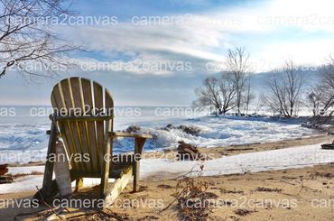 beach winter lake ice adirondack chair calm serene nature 