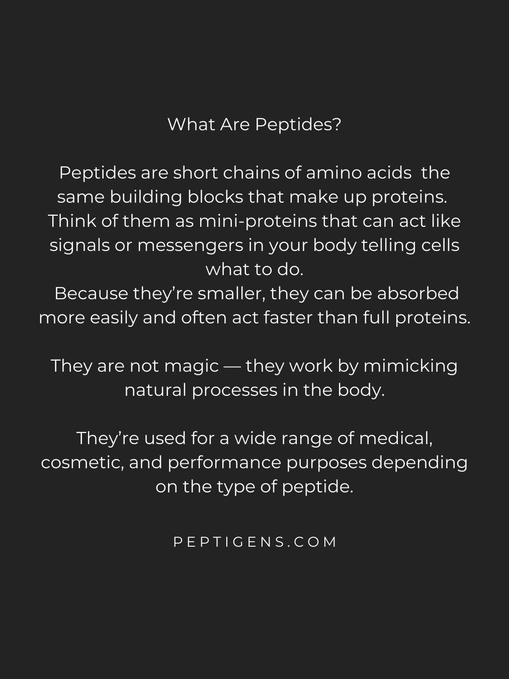 Explanation of peptides as short amino acid chains acting as signals in the body.
