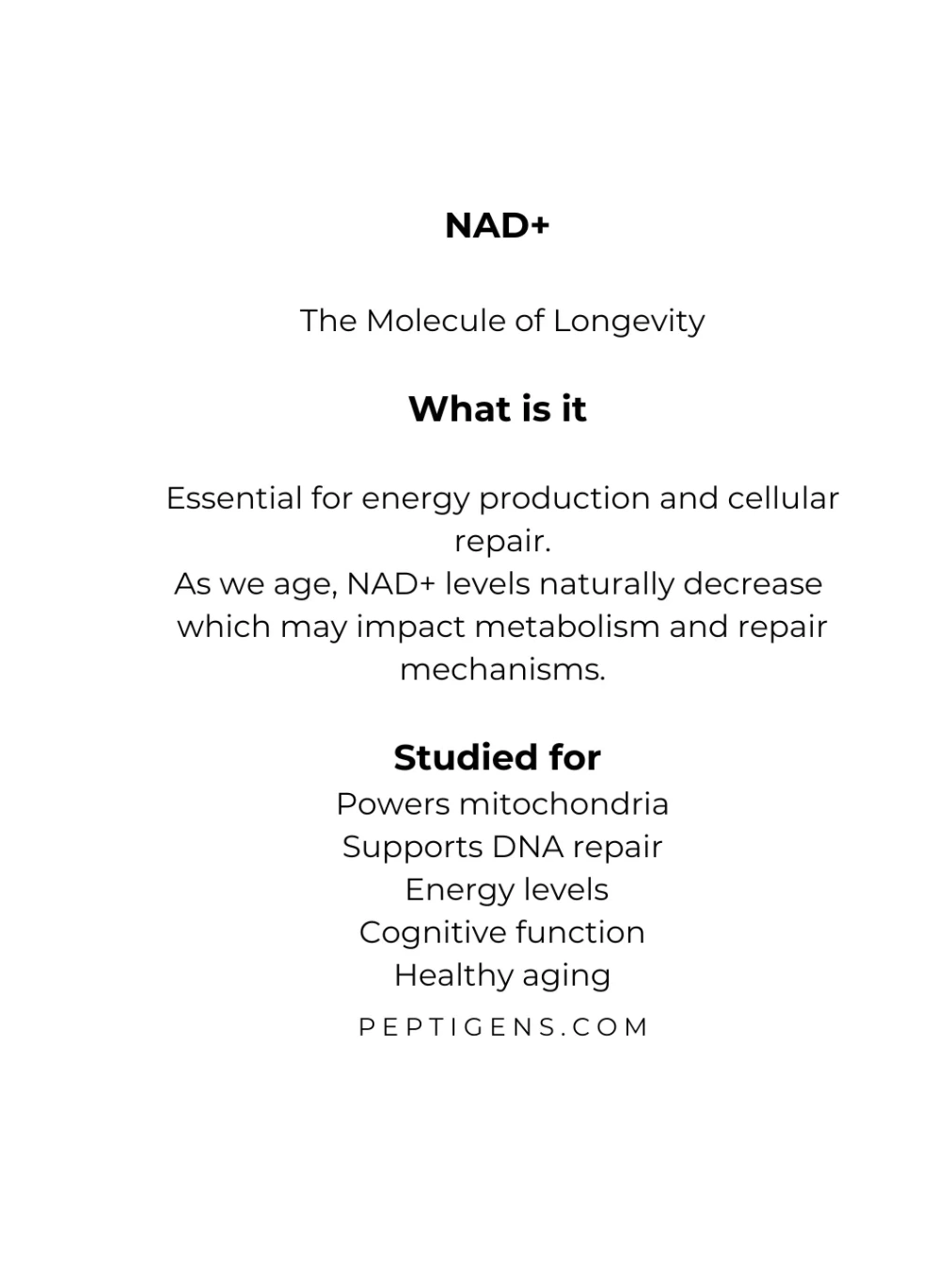 NAD+ is essential for energy, cellular repair, and healthy aging.