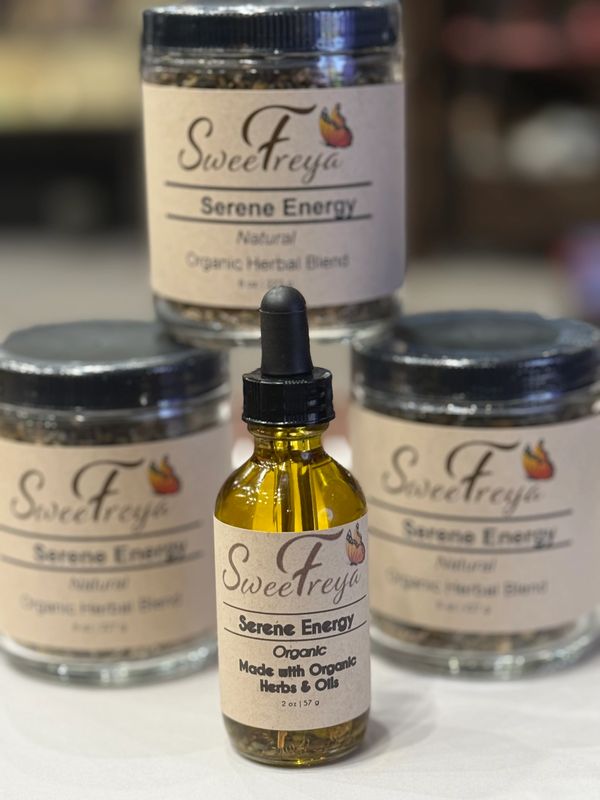 SweetFreya Serene Energy organic herbal blend jars and oil bottle.