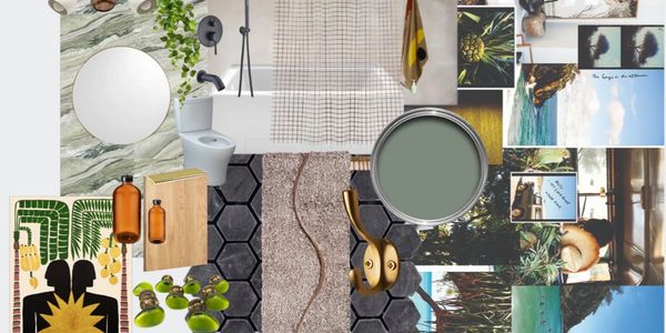 Interior design moodboard with warm neutrals, global textures & curated materials for refined spaces