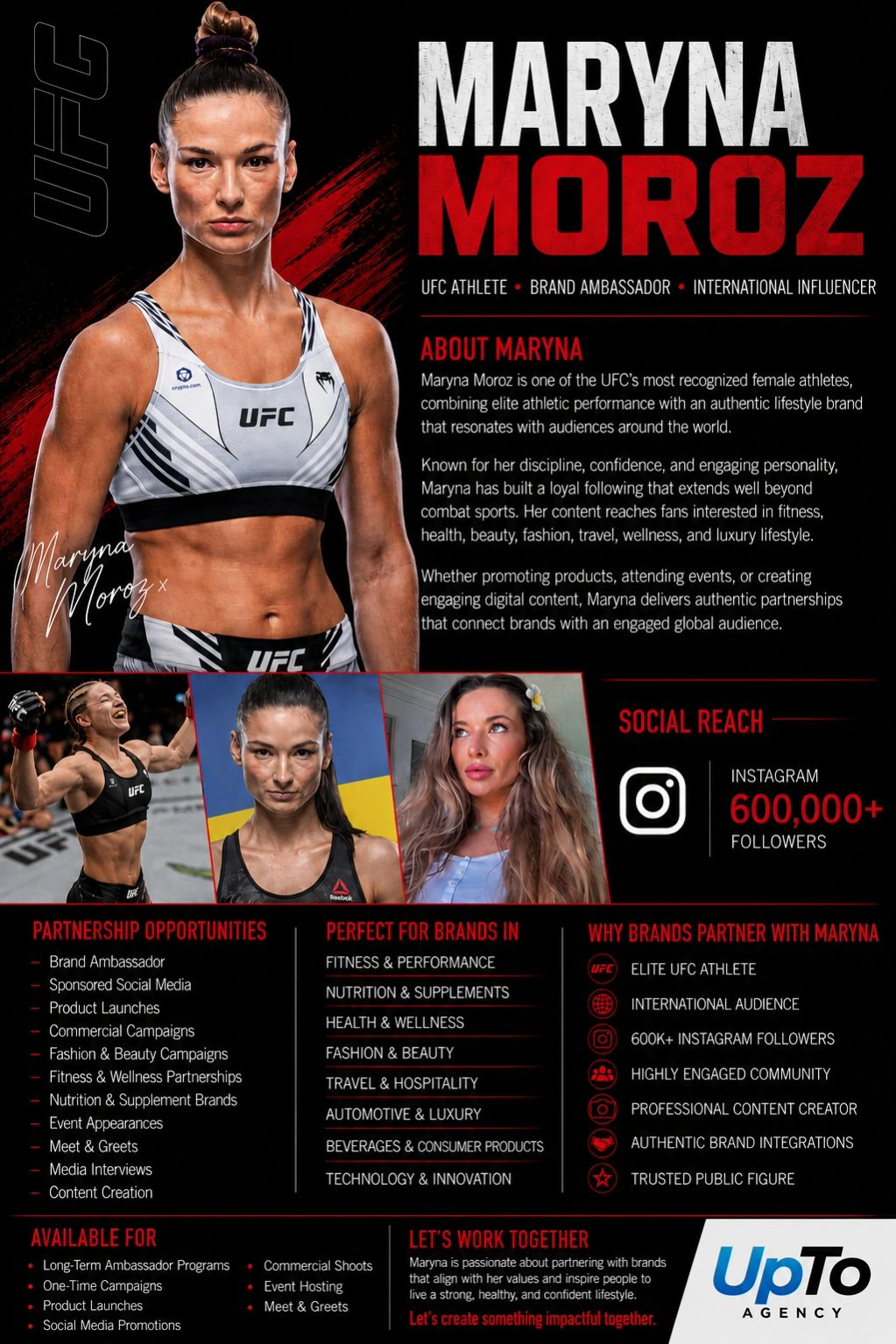 Promotional bio of UFC athlete Maryna Moroz with partnership details and social reach.