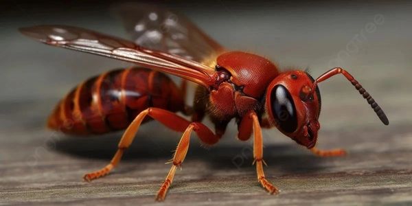 Close-up of a red wasp on a wooden surface.